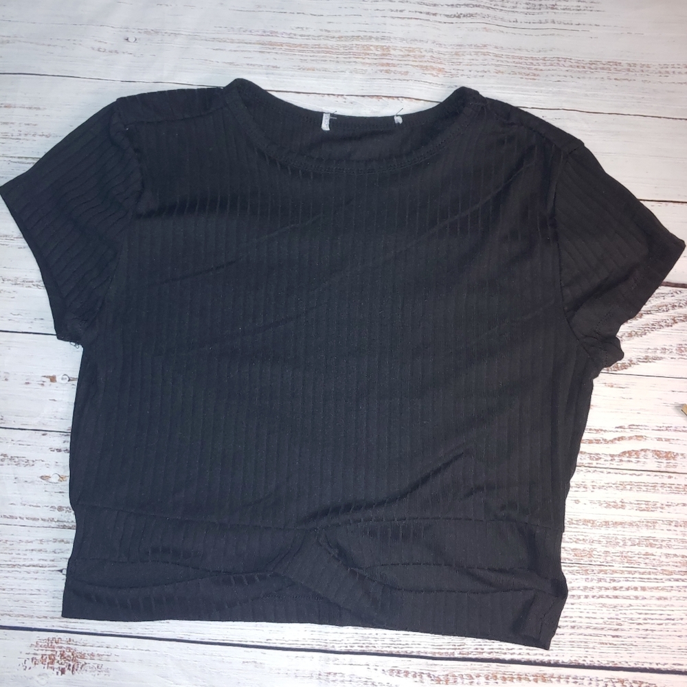 Black Ribbed Crop Top with Cutouts